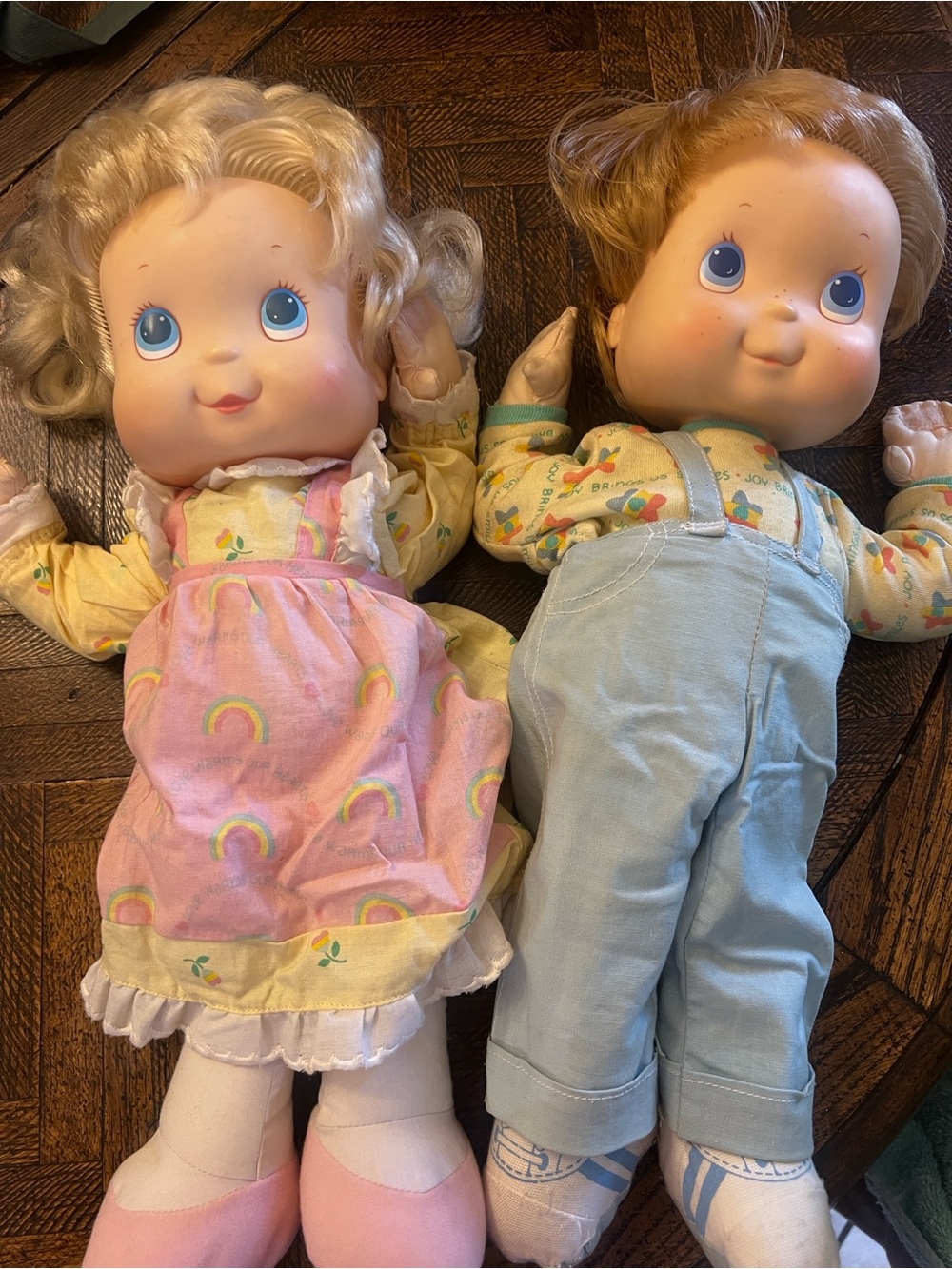 Pair of Soft Plush Kids Dolls in Pink and Light Blue Outfits